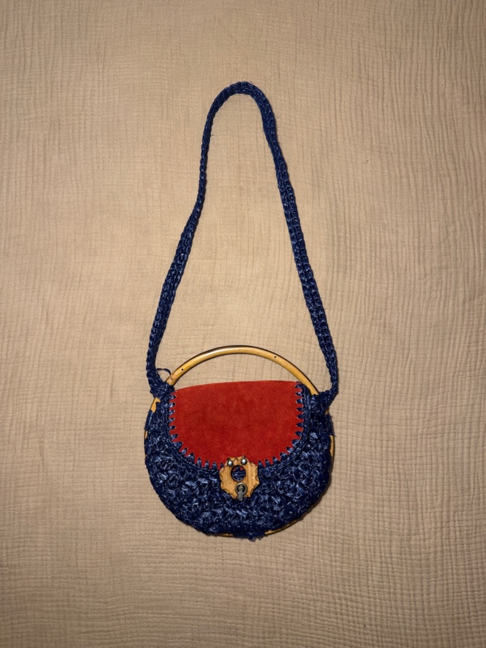 Vintage Blue Raffia Red Suede Boho Hippie Shoulder Bag with Bamboo Handle